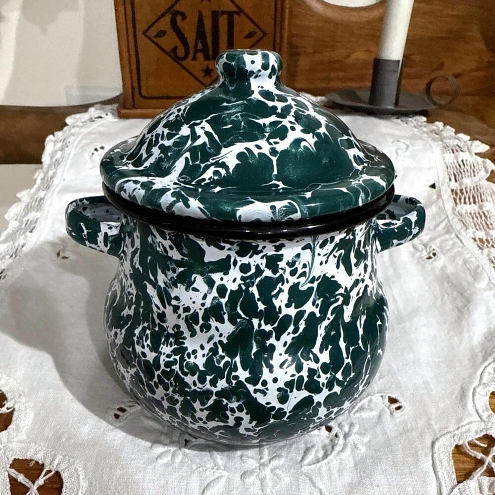 VTG Graniteware Enamel Ware USA Covered Sugar Bowl Dark Green Primitive Farmhous - Picture 1 of 8